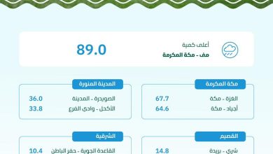 محليات السعودية: (136) محطة ترصد هطول أمطار في (9) مناطق.. ومنى بمكة المكرمة تسجّل أعلى كمية بـ (89) ملم – صحيفة درة الالكترونية