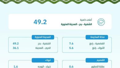 محليات السعودية: “البيئة” ترصد هطول أمطار في 6 مناطق.. والمدينة المنورة تسجّل أعلى كمية بـ 49.2 ملم في الشفية بدر