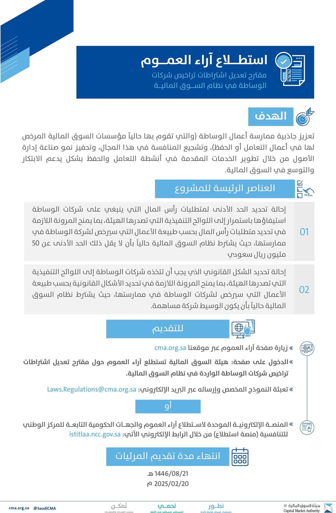 محليات السعودية: هيئة السوق المالية تستطلع آراء العموم حول مقترح تعديل اشتراطات تراخيص شركات الوساطة الواردة في نظام السوق المالية