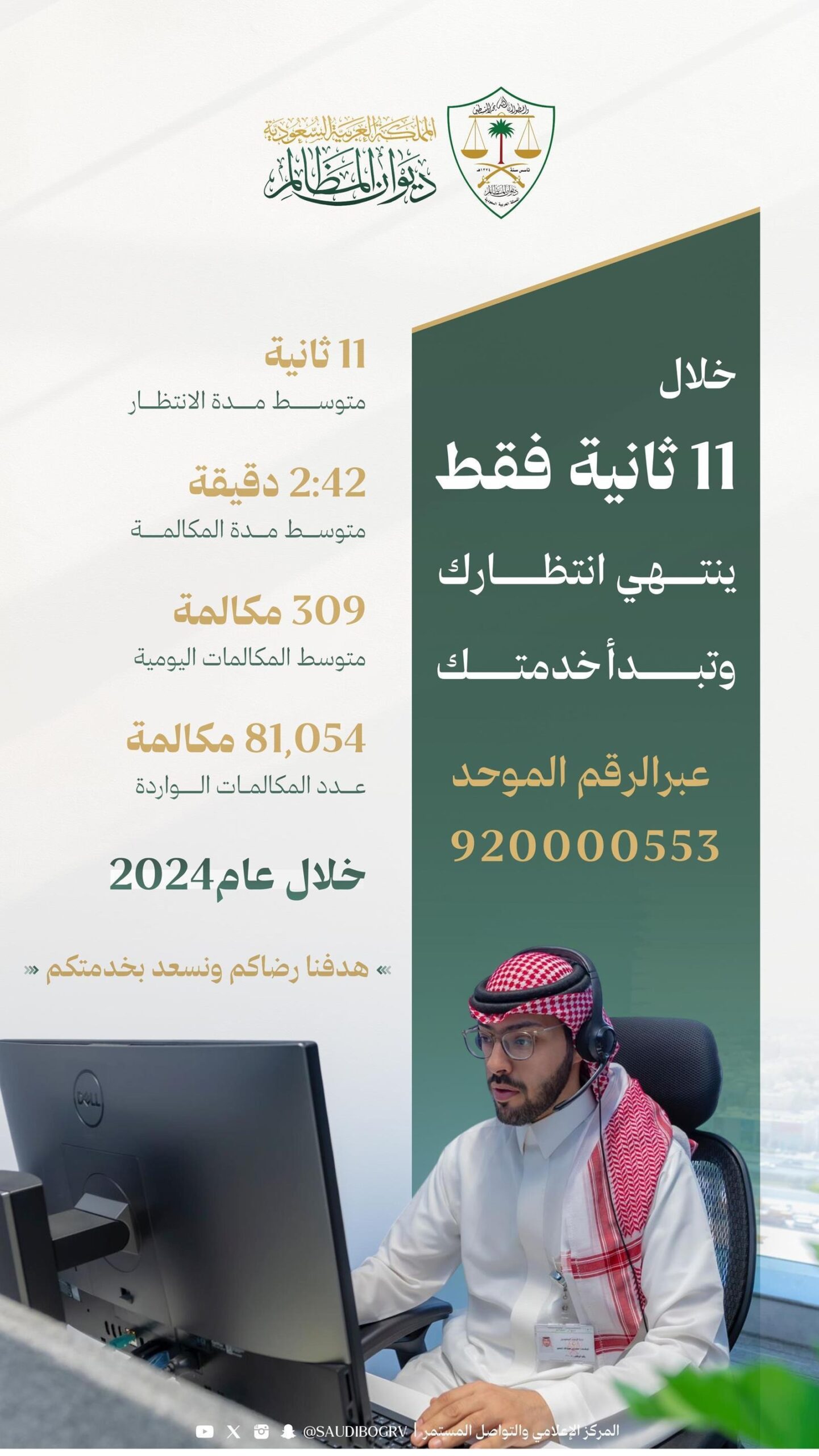 محليات السعودية: مركز الاتصال الموحد بديوان المظالم يتلقى أكثر من 81 ألف مكالمة خلال 2024